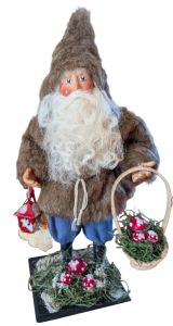 Elaine Roesle St. Nicholas Collection Brown Coat Santa holding Mushrooms